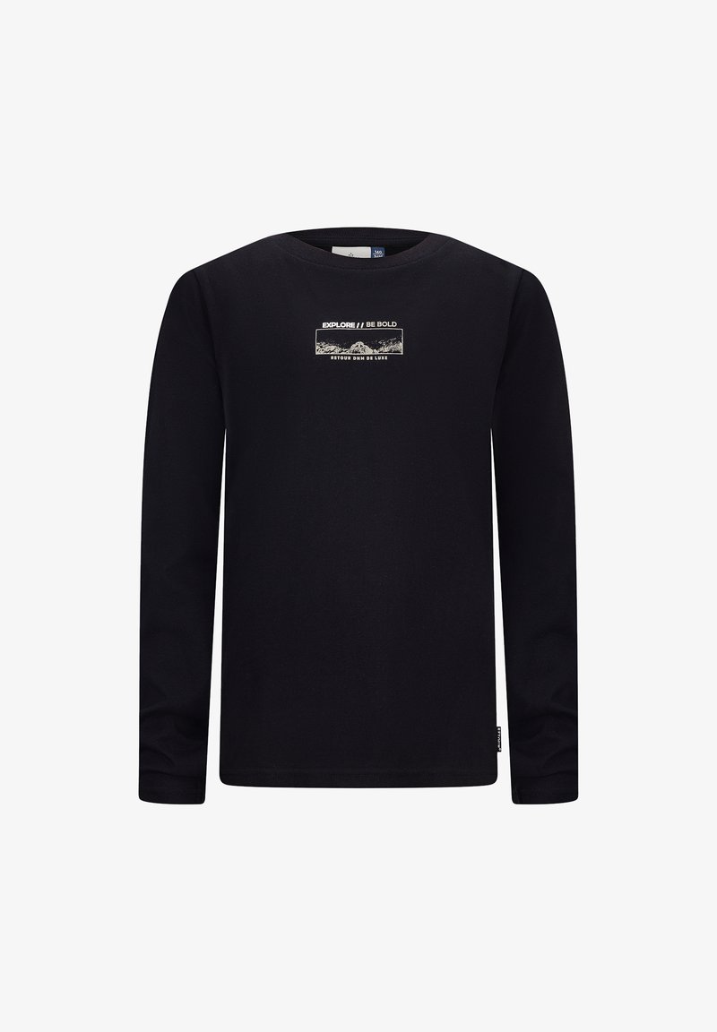 Schwarzes Langarm-T-Shirt aus Baumwolle. Mit einem zentralen Grafikdesign und dem Text "EXPLORE // BE BOLD" sowie einem Landschaftsmotiv. Klassischer Rundhalsausschnitt.