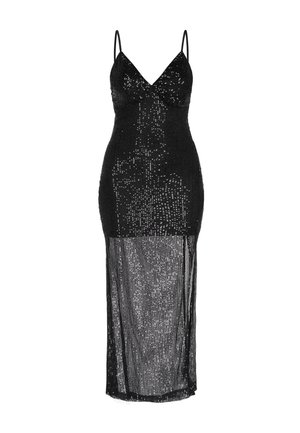 Černé flitrové šaty s přiléhavým živůtkem, výstřihem do V, nastavitelnými špagetovými ramínky a průsvitnou sukní odhalující proužkovaný vzor.