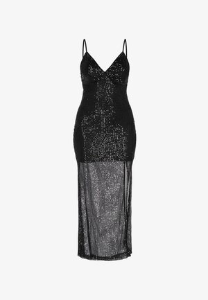 Černé flitrové šaty s přiléhavým živůtkem, výstřihem do V, nastavitelnými špagetovými ramínky a průsvitnou sukní odhalující proužkovaný vzor.