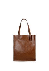 Brązowa skórzana torba tote z dwoma płaskimi uchwytami, prostokątny kształt, gładka tekstura i minimalistyczny design. Posiada klamrę na jednym z pasków.