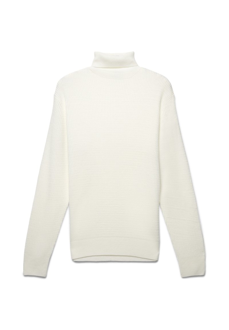 Maglione bianco a collo alto con un design strutturato e a coste. Maniche lunghe e vestibilità comoda. Nessun bottone visibile o decorazioni.