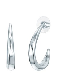 Silverfärgad metallhakeörhänge med en stilren, avlång design och en texturerad yta samt en rundad baksida för säker fästning.