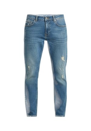 Jeans blu in denim a taglio slim con dettagli consumati sulla parte superiore delle cosce e leggero scolorimento lungo le gambe, con chiusura frontale a bottoni e zip.