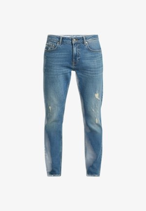 Jeans blu in denim a taglio slim con dettagli consumati sulla parte superiore delle cosce e leggero scolorimento lungo le gambe, con chiusura frontale a bottoni e zip.