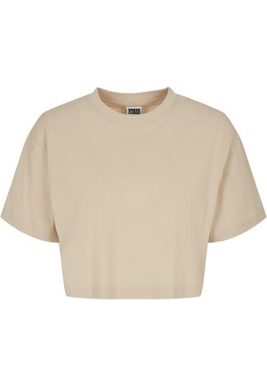 Beskåret beige t-shirt i blødt bomuld, med rund hals og korte ærmer, med ren syning og ingen synlige mønstre eller detaljer.