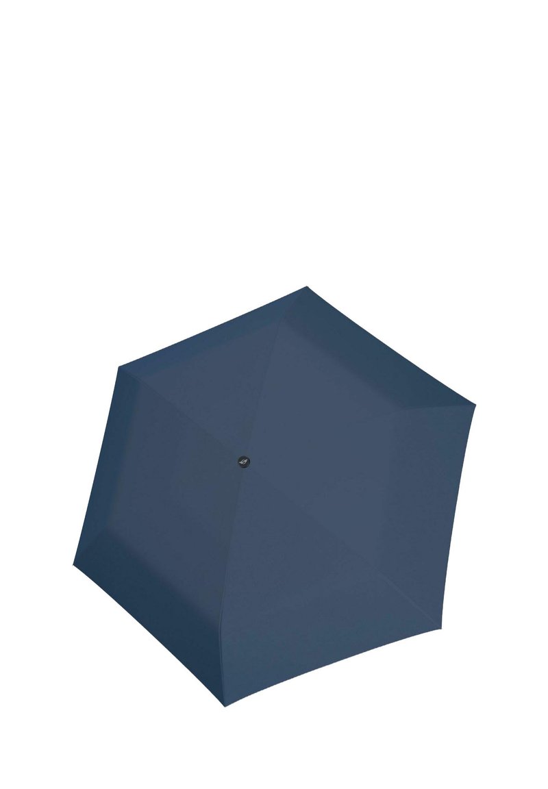 Navyblauwe paraplu met een hexagonale vorm, gemaakt van gladde stof. Heeft een zwarte knop om te openen en te sluiten, zonder zichtbare patronen.