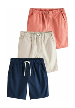 Tre par afslappede shorts i koral, beige og marineblå, hver med elastisk talje og snor til at binde foran.