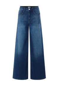 Sötétkék, bő szárú farmernadrág magas derékkal, öt zsebes kialakítással és kontrasztos varrással. Simább textúra, minimális koptatás.