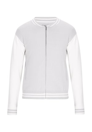 Lys grå zip-up cardigan med hvide ærmer, ribbet krave, manchetter og kant. Har en glat strikket tekstur og sidelommer.