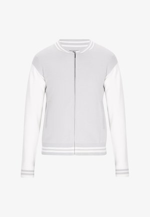 Heled hall zip-up kardigan valgete varrukatega, ribaga kaelus, mansetid ja alumine äär. Omab siledat kootud tekstuuri ja küljetaskuid.