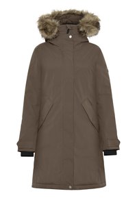 Brun parka med pelsforet hætte, lynlåslukning foran, to sidelommer og strikkede manchetter. Fremstillet af glat, isoleret materiale.