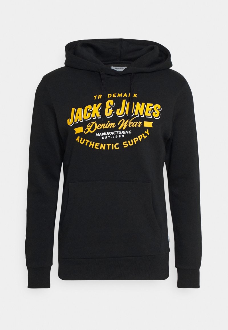 Black hooded sweatshirt with a front kangaroo pocket, featuring bold yellow and white text branding. Made from soft, textured fabric.