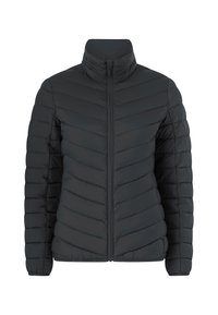 Sort dunjakke med høj krave, der har en kviltet chevronmønster, frontlynlås og letvægtsmateriale.