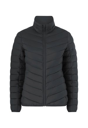 Giacca a vento nera, imbottita, con colletto alto, caratterizzata da un motivo a zig-zag trapuntato, chiusura con zip frontale e materiale leggero.