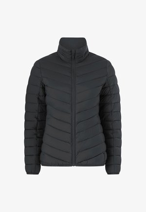 Giacca a vento nera, imbottita, con colletto alto, caratterizzata da un motivo a zig-zag trapuntato, chiusura con zip frontale e materiale leggero.