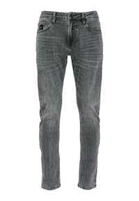 Jeans de mezclilla gris con corte recto, presentan un acabado lavado, cinco bolsillos y un cierre de botón. Tejido texturizado con líneas sutiles.