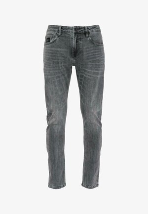 Hallid hallid denim püksid sirge lõikega, millel on pleekinud viimistlus, viis taskut ja nuppluku kinnitamine. Tekstuuriga kangas peente joontega.