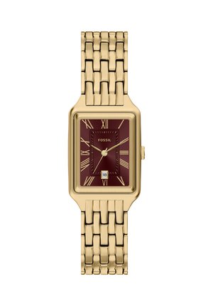 Goldene Metallarmbanduhr mit rechteckigem burgunderfarbenem Zifferblatt, römischen Ziffern, Datumsanzeige und Gliederarmband.