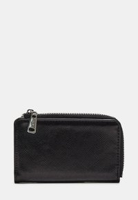 Black zippered wallet made from textured material. Rectangular shape with a smooth surface and a metallic zipper accent.