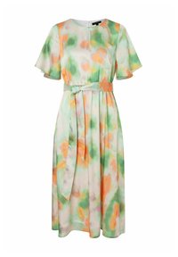 Blumenkleid in Midi-Länge aus leichtem Stoff, mit einem Aquarellmuster in Grün, Orange und Pink, kurzen Flugelärmeln und einem Taillengürtel.