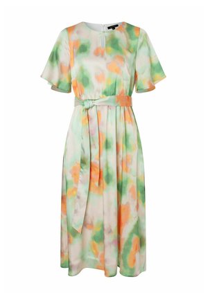 Blumenkleid in Midi-Länge aus leichtem Stoff, mit einem Aquarellmuster in Grün, Orange und Pink, kurzen Flugelärmeln und einem Taillengürtel.