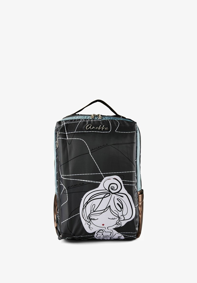 Sac à dos rectangulaire noir avec un dessin en ligne simple d'une fille aux yeux fermés et aux lèvres rouges sur le devant, équipé d'une poignée supérieure et d'une fermeture éclair.