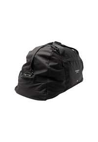 Black duffel bag made of durable fabric; features dual handles, a zippered compartment, and a side strap for versatility.