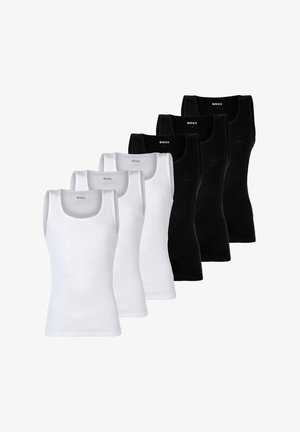 Pack de seis camisetas sin mangas: tres blancas y tres negras. Material de mezcla de algodón, diseño sin mangas, textura acanalada, logo de BOSS en la parte frontal.