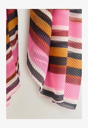 Leichter Schal mit diagonalen Streifen in Rosa, Braun und Weiß. Strukturiertes Gewebe mit leicht transparenter Qualität und genähten Kanten.