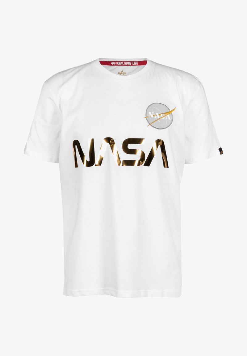 White cotton T-shirt featuring a large gold NASA logo and a circular NASA patch. Crew neck with a "Remove Before Flight" label.