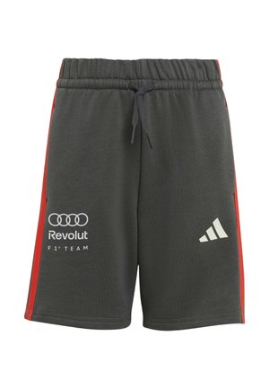 Dark gray athletic shorts with red side stripes, adjustable drawstring waist, and Audi, Revolut F1 Team, and Adidas logos on the front.