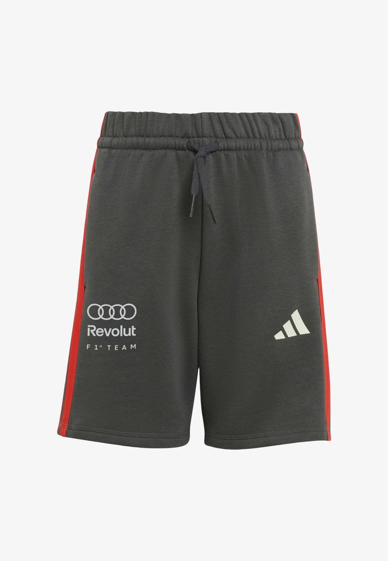Dark gray athletic shorts with red side stripes, adjustable drawstring waist, and Audi, Revolut F1 Team, and Adidas logos on the front.
