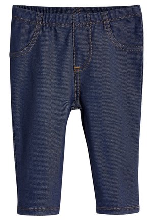 Ciemnoniebieskie legginsy dla małych dzieci stylizowane na denim z elastycznym pasem i sztucznymi przednimi kieszeniami, pokazujące szczegółowe pomarańczowe przeszycia.
