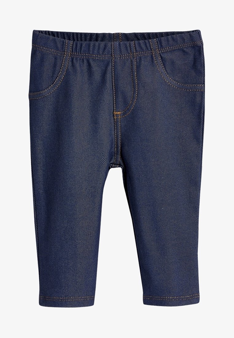 Leggings bleu foncé pour tout-petits, style denim, avec taille élastique et fausses poches avant, montrant des surpiqûres orange détaillées.