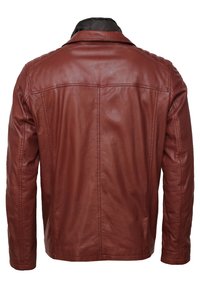 Braune Lederjacke mit glatter Textur, strukturierten Schultern und klassischem Kragen. Verfügt über eine Rückenpasse und dezente Nähte.