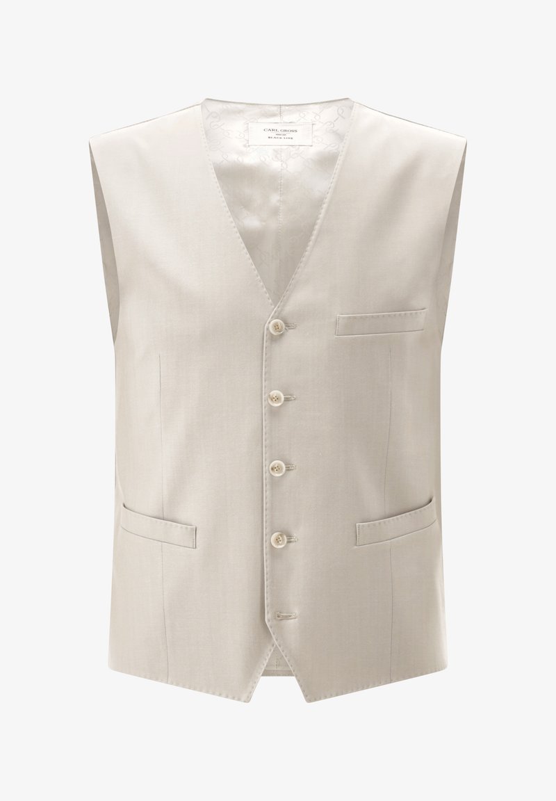 Beige maßgeschneiderte Weste aus glattem Stoff mit V-Ausschnitt, fünf Knöpfen, einer Tasche und einem dezenten strukturierten Futter.