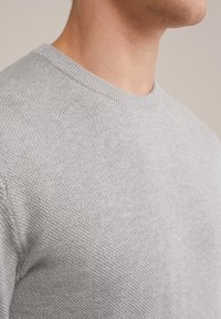 Light grey knit sweater featuring a round neckline, textured fabric, and ribbed cuffs. Seam detail visible on the shoulder.