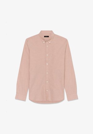 Camicia rosa chiaro, a maniche lunghe, con bottoni bianchi e colletto. Realizzata in tessuto strutturato con orlo dritto.