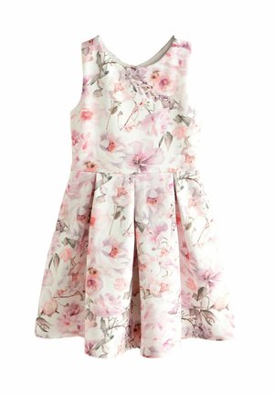 Bloemenjurk van lichtgewicht stof, met roze en witte bloemmotieven, mouwloos ontwerp en een uitlopende rok met plooien.