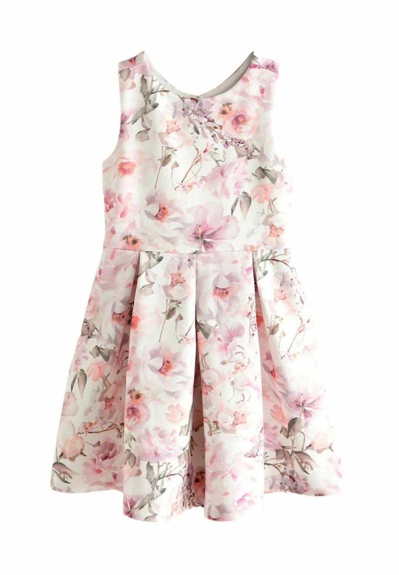 Robe fleurie en tissu léger, avec des motifs de fleurs roses et blanches, design sans manches et jupe évasée plissée.