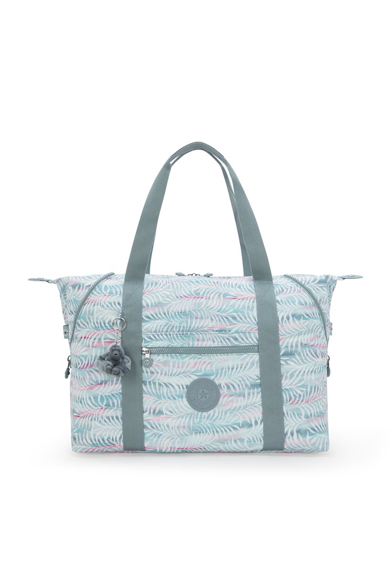 Textured fabric tote bag with a palm leaf pattern in light blue and pink, featuring grey straps, zippers, and a small monkey keychain.