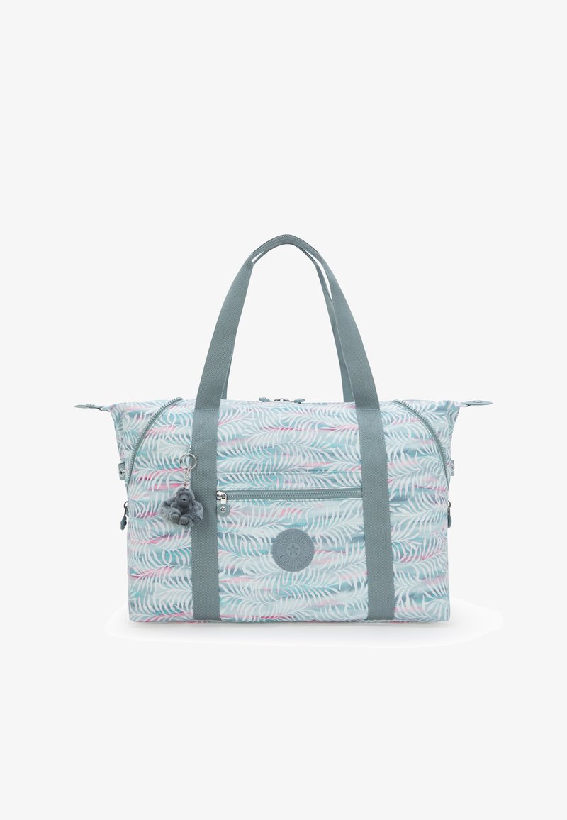 Textured fabric tote bag with a palm leaf pattern in light blue and pink, featuring grey straps, zippers, and a small monkey keychain.