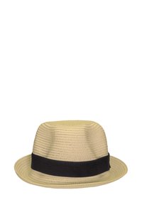 Beige straw fedora with a black fabric band. Features a textured weave, round crown, and a slightly curved brim.