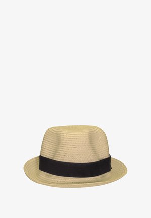 Beige Strohhut mit einem schwarzen Stoffband. Hat ein strukturiertes Gewebe, eine runde Krone und einen leicht gewölbten Rand.