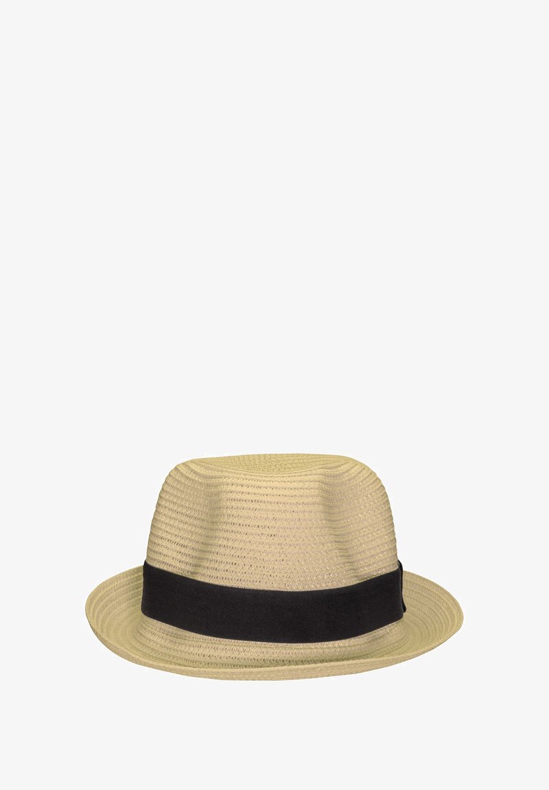 Beige Strohhut mit einem schwarzen Stoffband. Hat ein strukturiertes Gewebe, eine runde Krone und einen leicht gewölbten Rand.