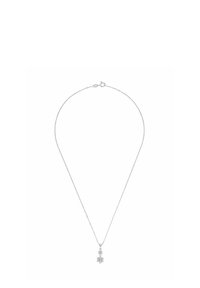 Delicate silver chain necklace with a small snowflake pendant adorned with sparkling stones on a white background.