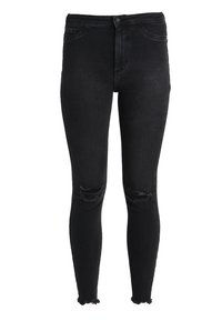 Svarta högmidjade skinny jeans i denim med slitna knäskärningar och fransade fållar för en texturerad finish.