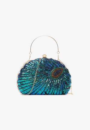 Bolso de mano de lentejuelas con forma redondeada, adornado con lentejuelas brillantes en tonos azules y verdes, un motivo de pavo real y una correa de cadena.