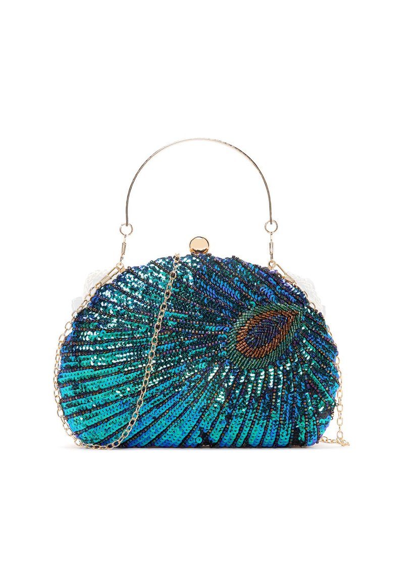 Borsa a tracolla a forma arrotondata, decorata con pailette blu e verdi scintillanti, con un motivo a pavone e una tracolla a catena.