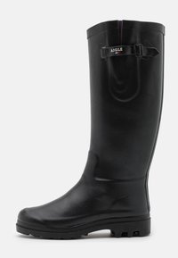 Black rubber knee-high boot with a glossy finish, textured sole, adjustable buckle accent, and slight curve at the top edge for fit.